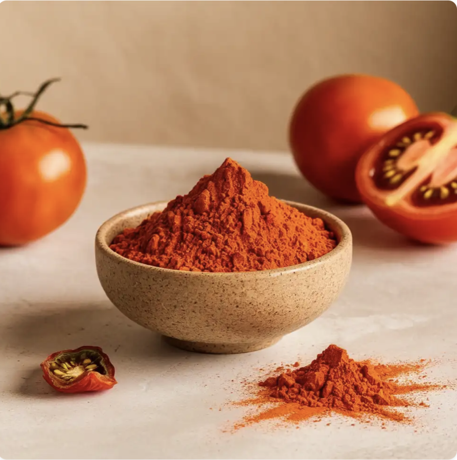 Tomato powder in a wooden bowl